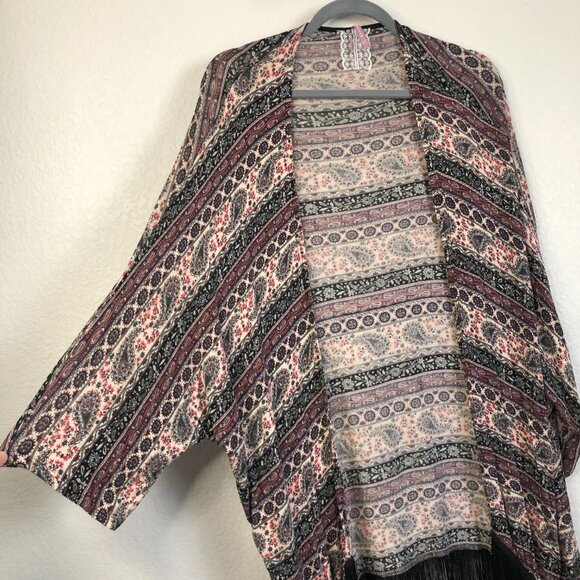 Mauve Paisley Open Long Cardigan Women's L Kimono Sleeve Fringe Hem Boho Hippie - Picture 2 of 8